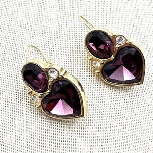 Swarovski Purple Gold Glass Heart Pierced Dangle Earrings Hinged Hook VTG 1"